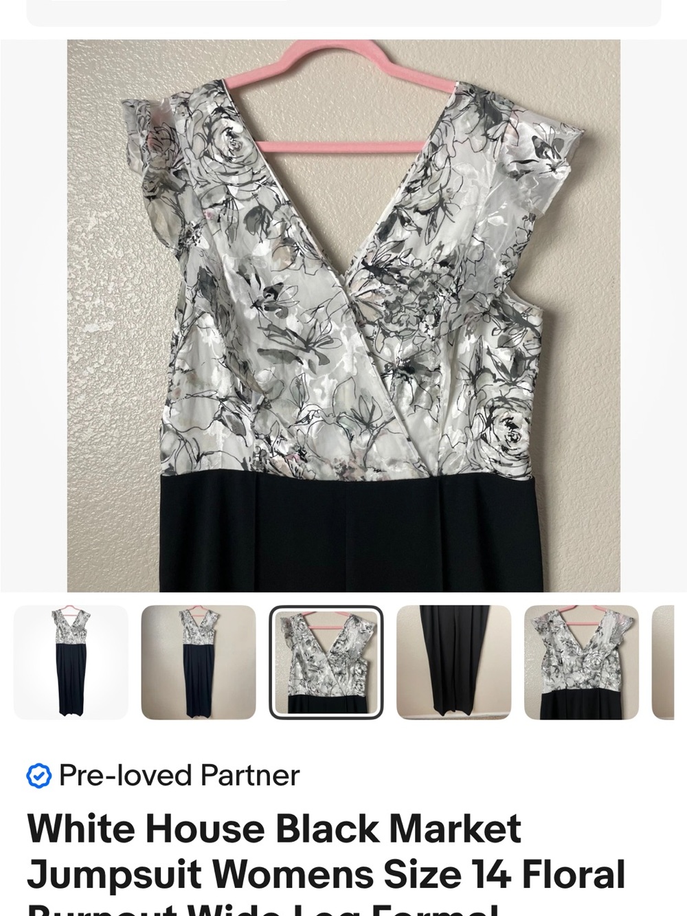 White House Black Market Black and White Floral Wrap Jumpsuit size 14 - Picture 2 of 9